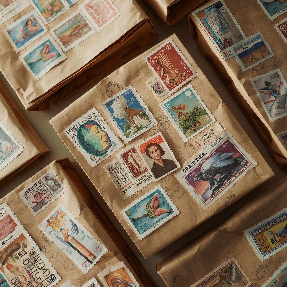 Papperspåsar dekorerade med stämplar